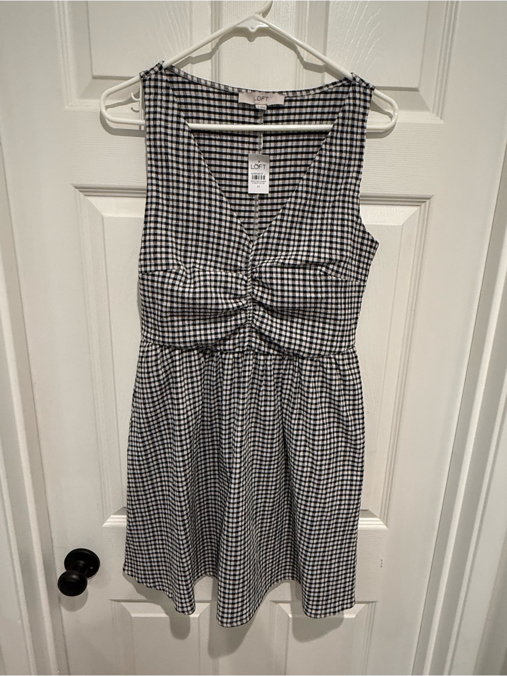 LOFT Black & White Gingham Midi Dress with Front Twist